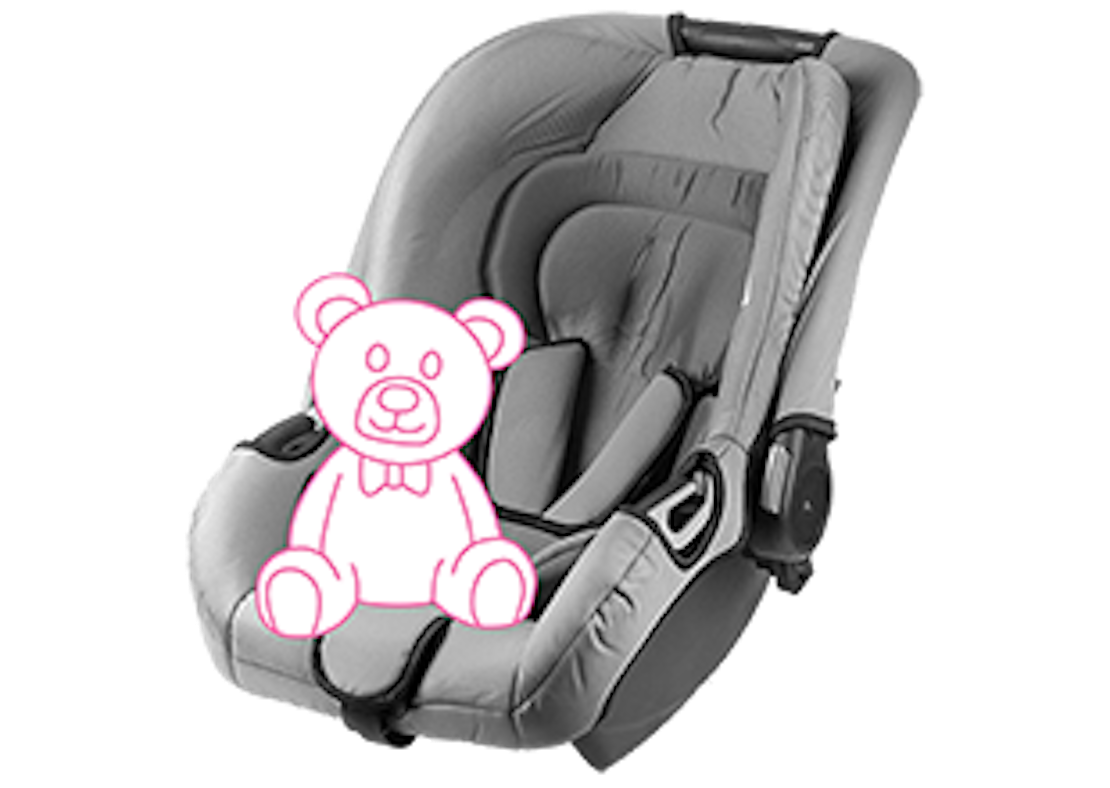 In einem Autokindersitz sitzt ein Teddybär.