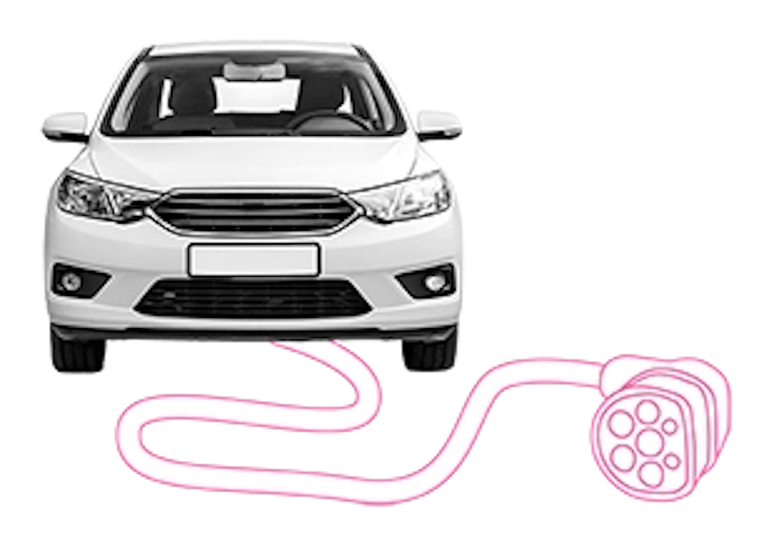 Unter einem E-Auto liegt das Ladekabel des integrierten Akkus.