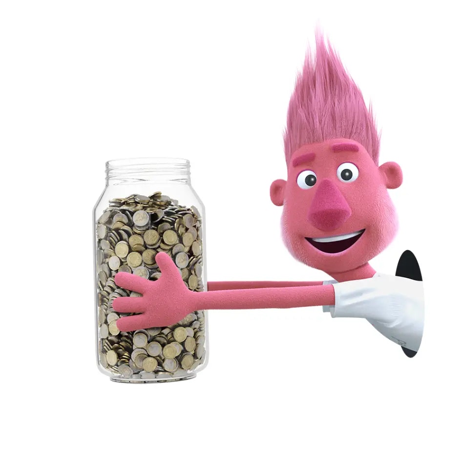 InShared Puppet hat Glas mit Kleingeld in der Hand
