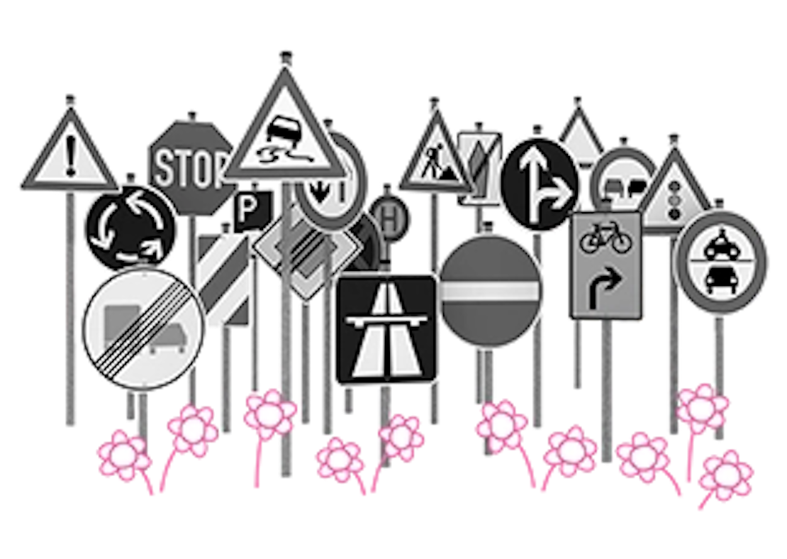 Viele verschiedene Verkehrszeichen symbolisieren den Schilderwald auf deutschen Straßen.