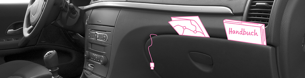 Ordnung im Handschuhfach – diese Dinge sollten Autofahrer immer dabeihaben Geöffnetes Handschuhfach im Auto mit illustrativer Darstellung von Handbuch, Straßenkarte und Handy-Ladekabel.
