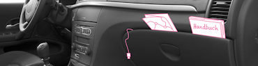 Geöffnetes Handschuhfach im Auto mit illustrativer Darstellung von Handbuch, Straßenkarte und Handy-Ladekabel.