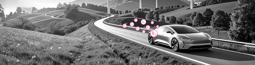 Wasserstoffauto fährt über eine Landstraße