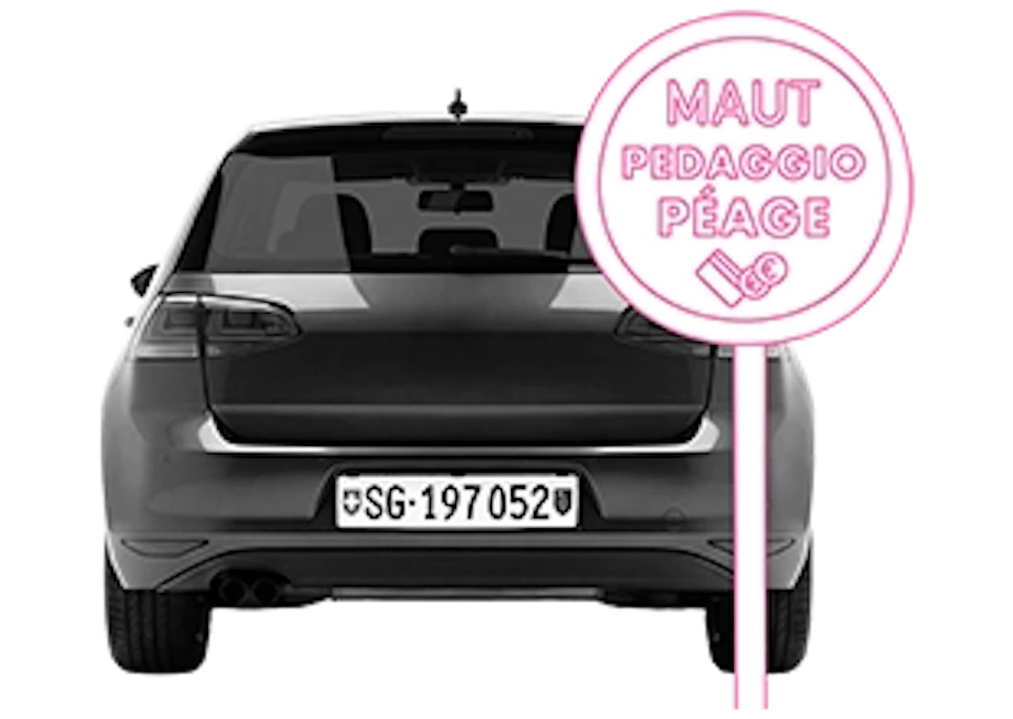 ein Auto hinter einem Maut Schild in der Schweiz