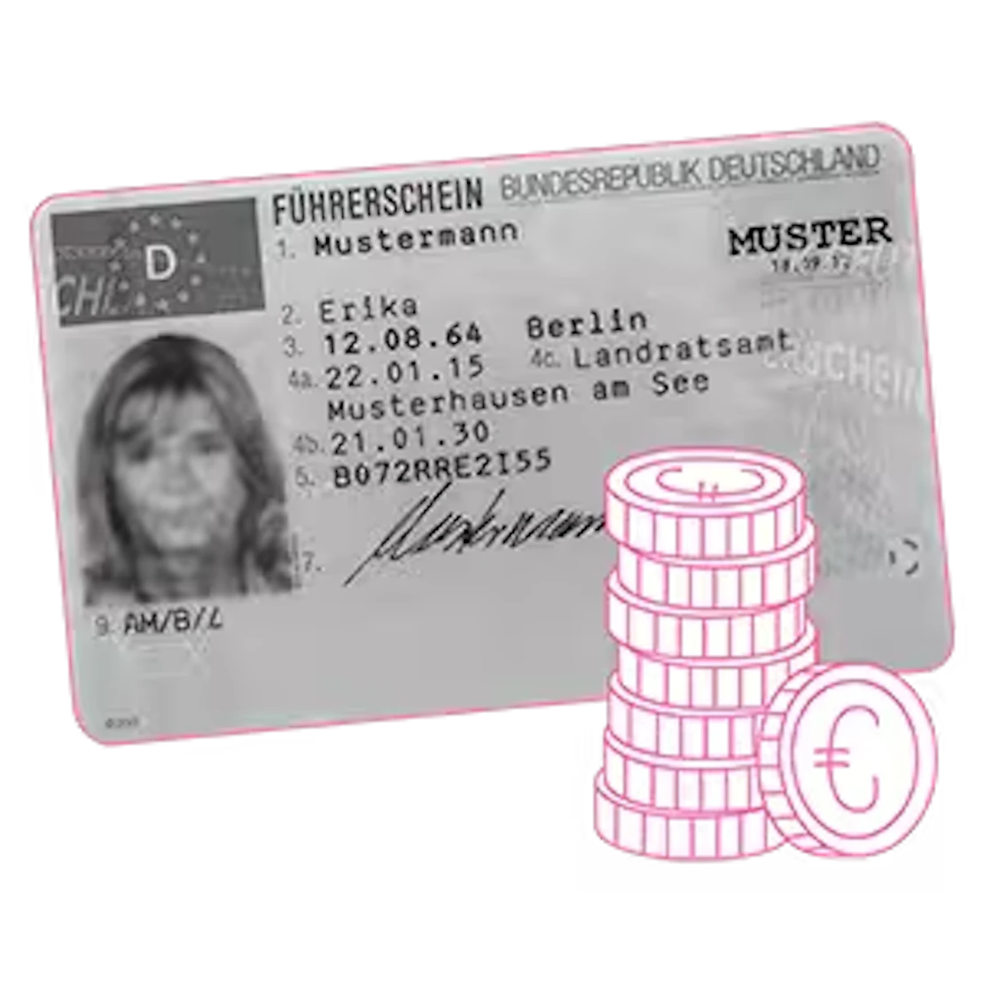 deutscher Führerschein, davor einige Euro-Münzen