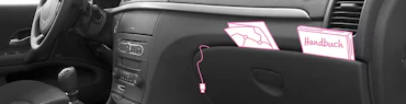 Geöffnetes Handschuhfach im Auto mit Handbuch, Straßenkarte und Handy-Ladekabel.