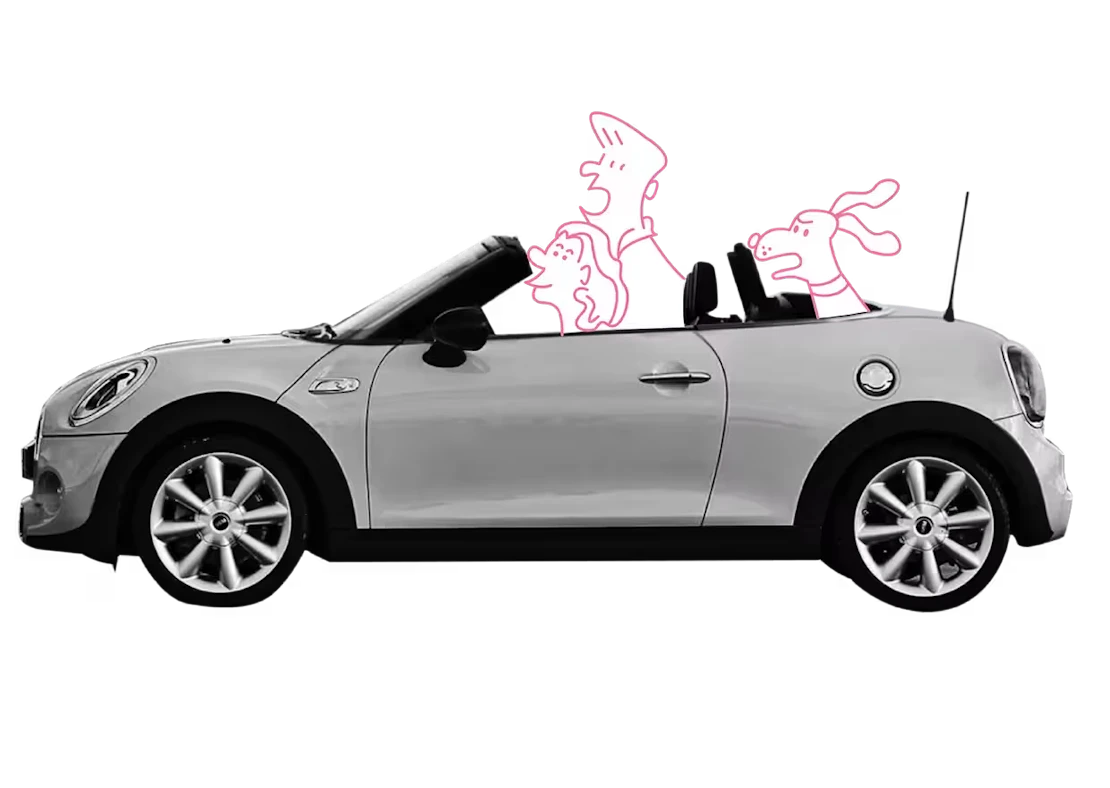 In einem Cabrio sitzt ein Pärchen und ein Hund auf dem Rücksitz.
