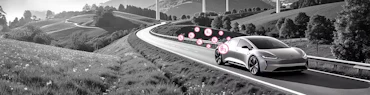 Ein modernes Wasserstoffauto fährt über eine Landstraße