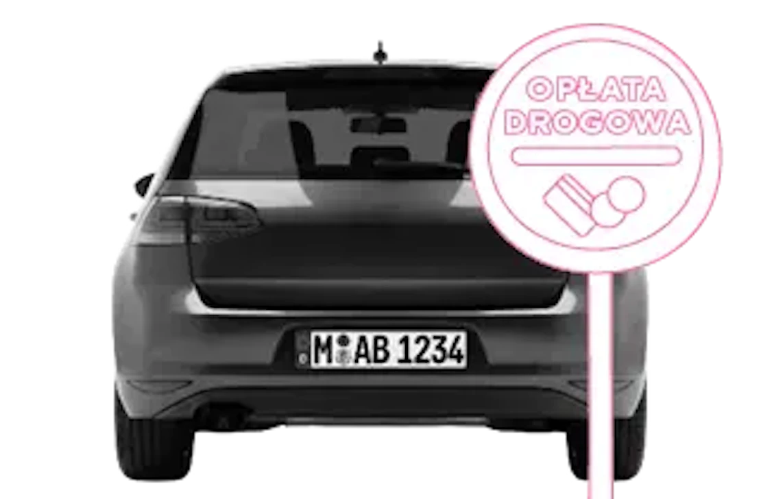 Ein Auto steht neben einem polnischen Maut-Schild